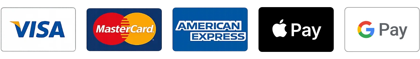 Visa, Mastercard, Amex, Apple Pay, Google Pay