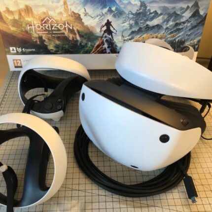 Sony PlayStation VR2 headset with controllers and controller charging dock for PS5